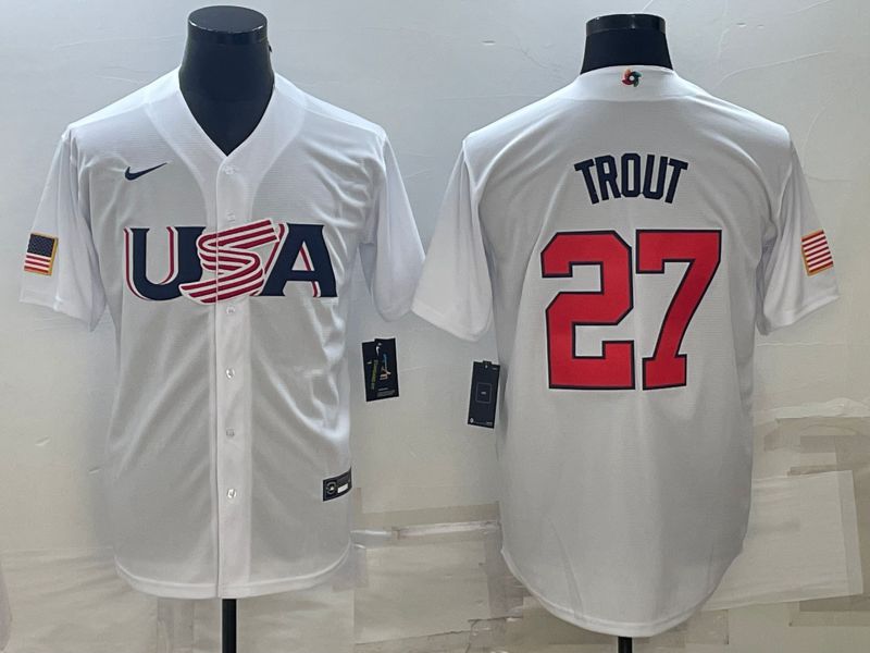 Men 2023 World Cub USA 27 Trout White Nike MLB Jersey11